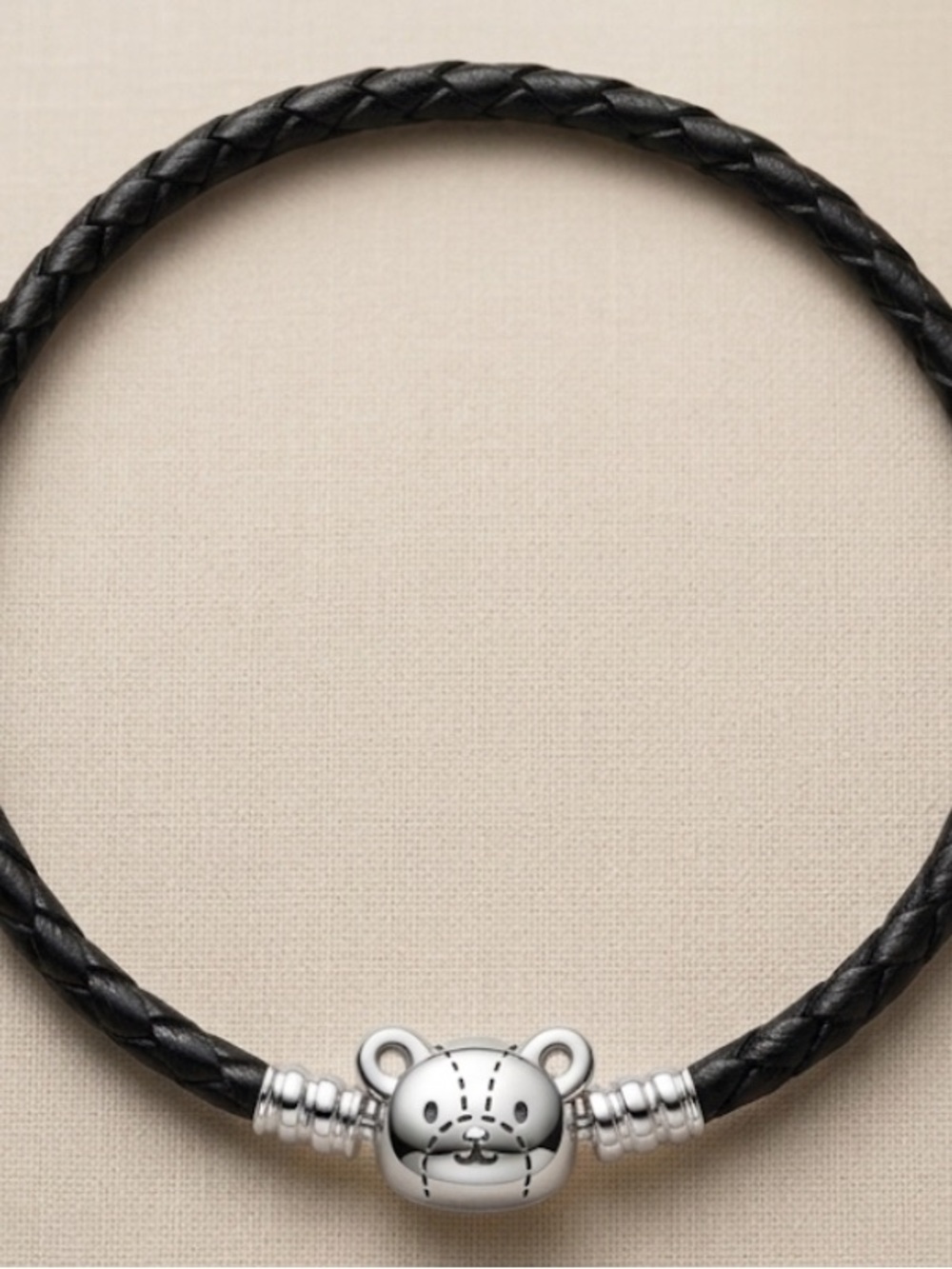 Black Braided Leather Bracelet with Cute Silver Bear Charm